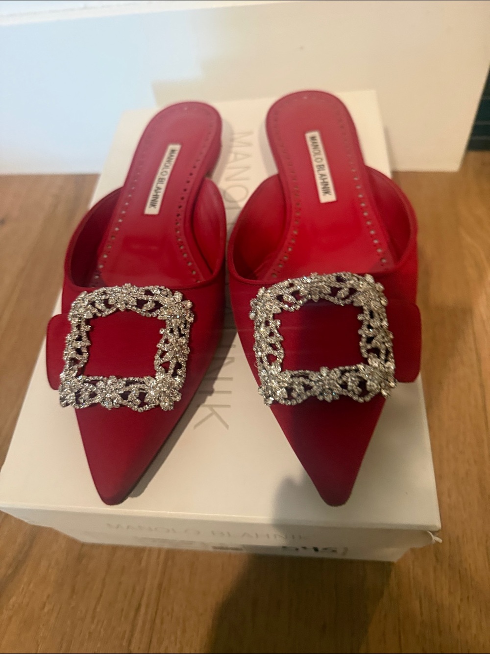 Manolo Blahnik Red Satin Pointed Mules with Crystal Buckles